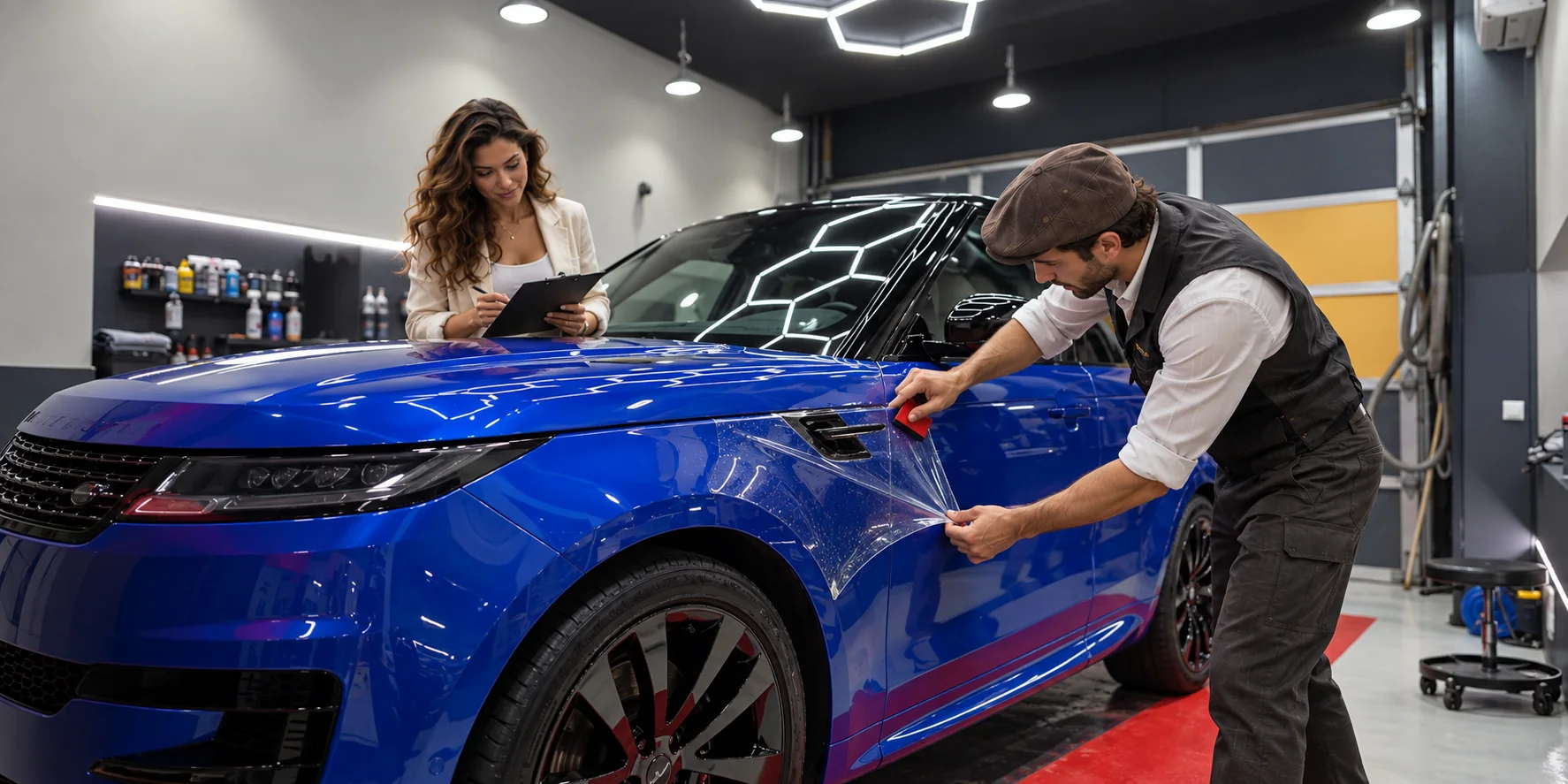 Transparente Lackschutzfolie wird auf ein blaues Fahrzeug aufgebracht