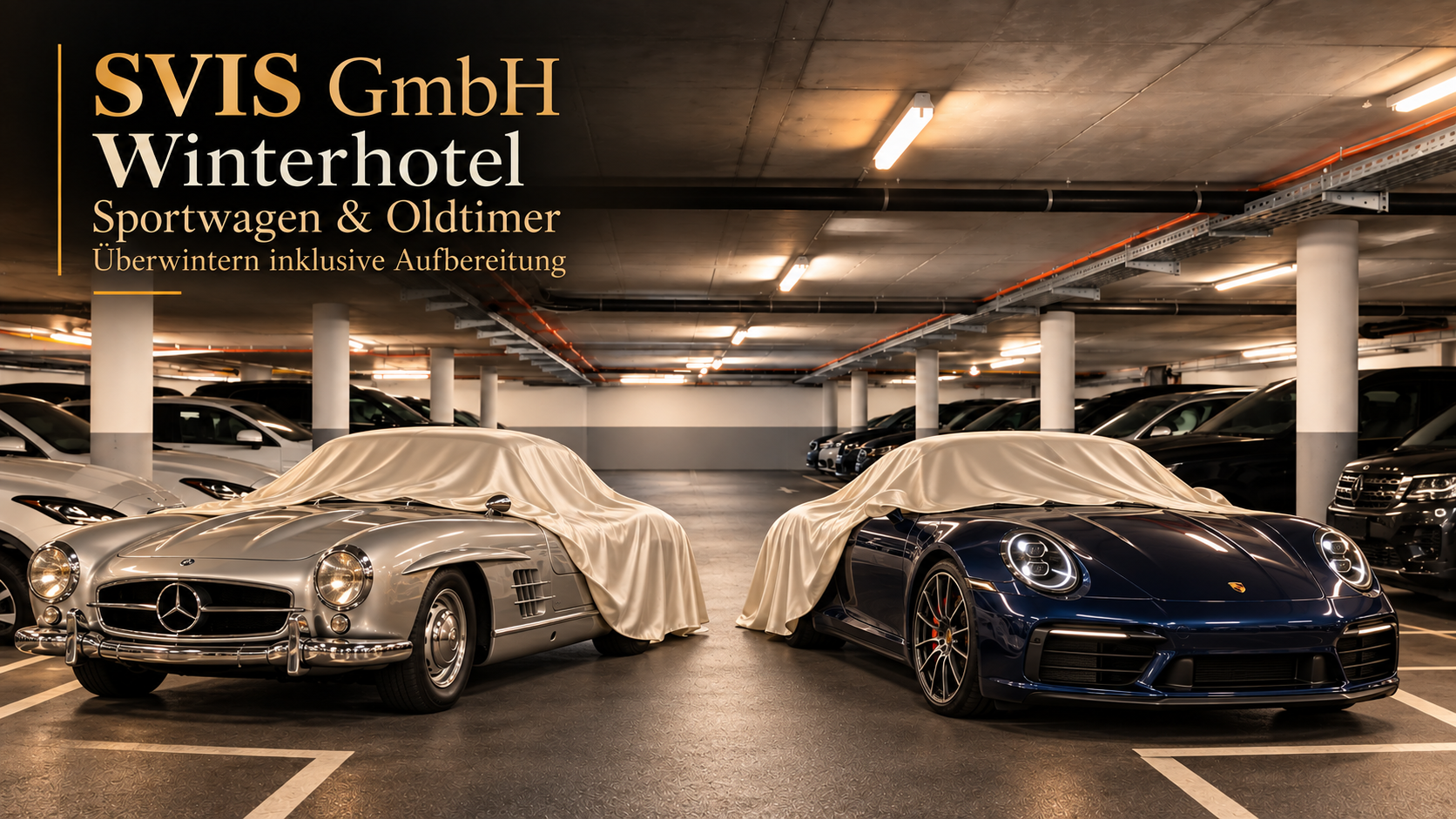 Illustration: Sportwagen und Oldtimer mit cremefarbenen Abdeckungen im SVIS Winterhotel